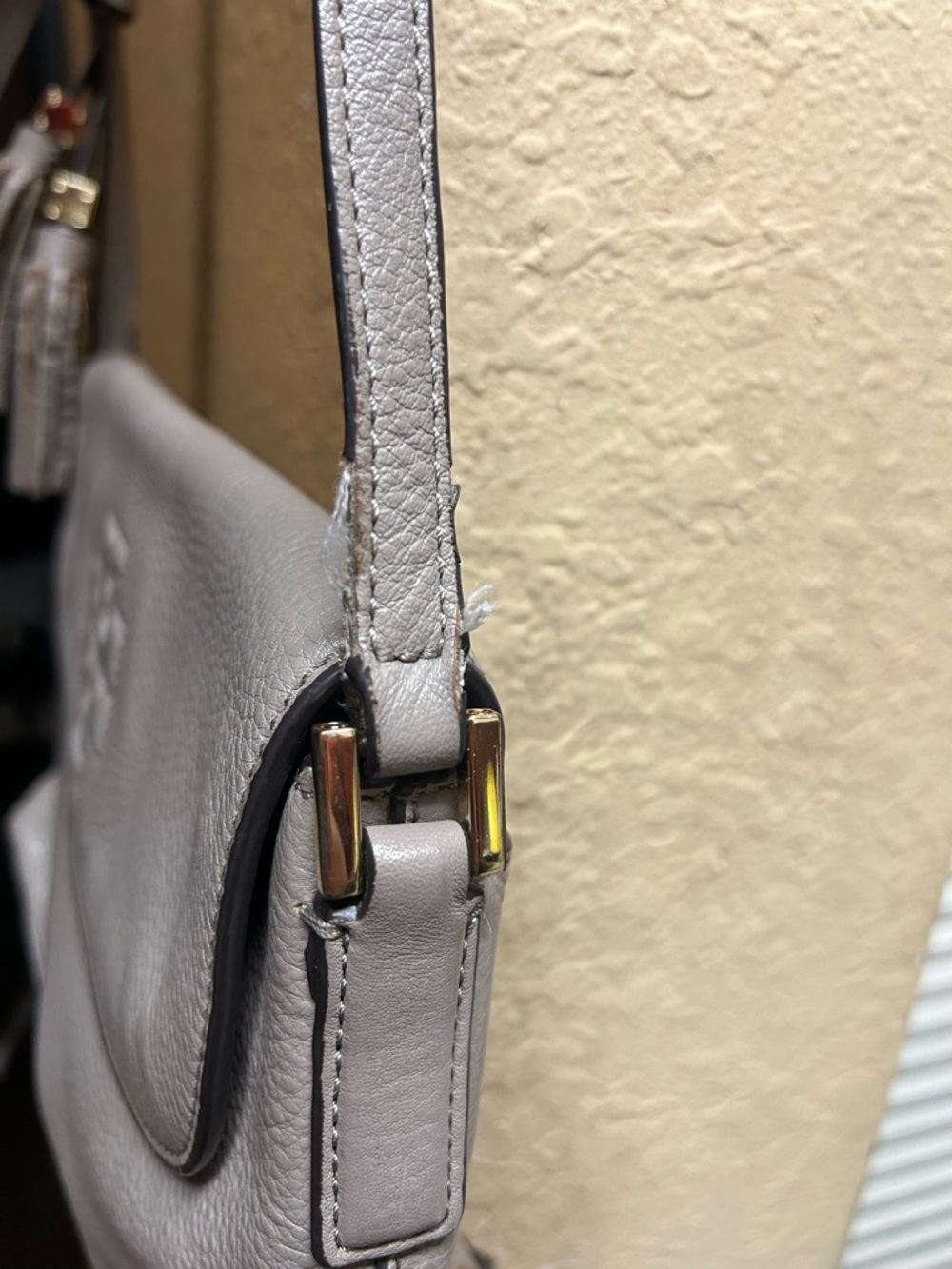 Tory Burch Light Gray Pebbled Leather Shoulder Bag with Tassels - Picture 7 of 8